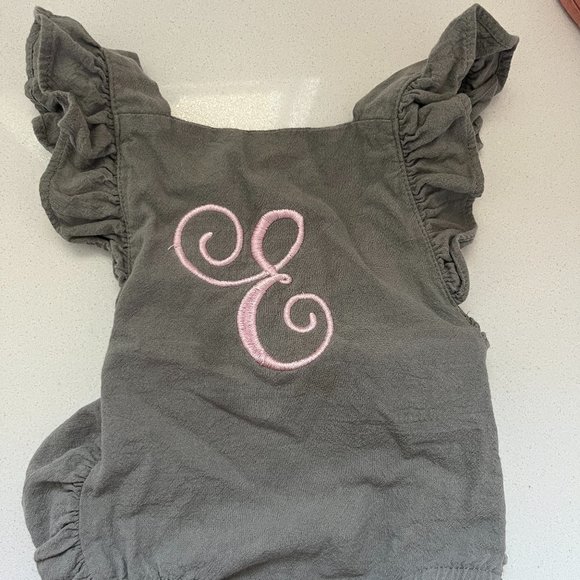Baby Girl E Monogrammed Gray and Pink Romper - Picture 1 of 3